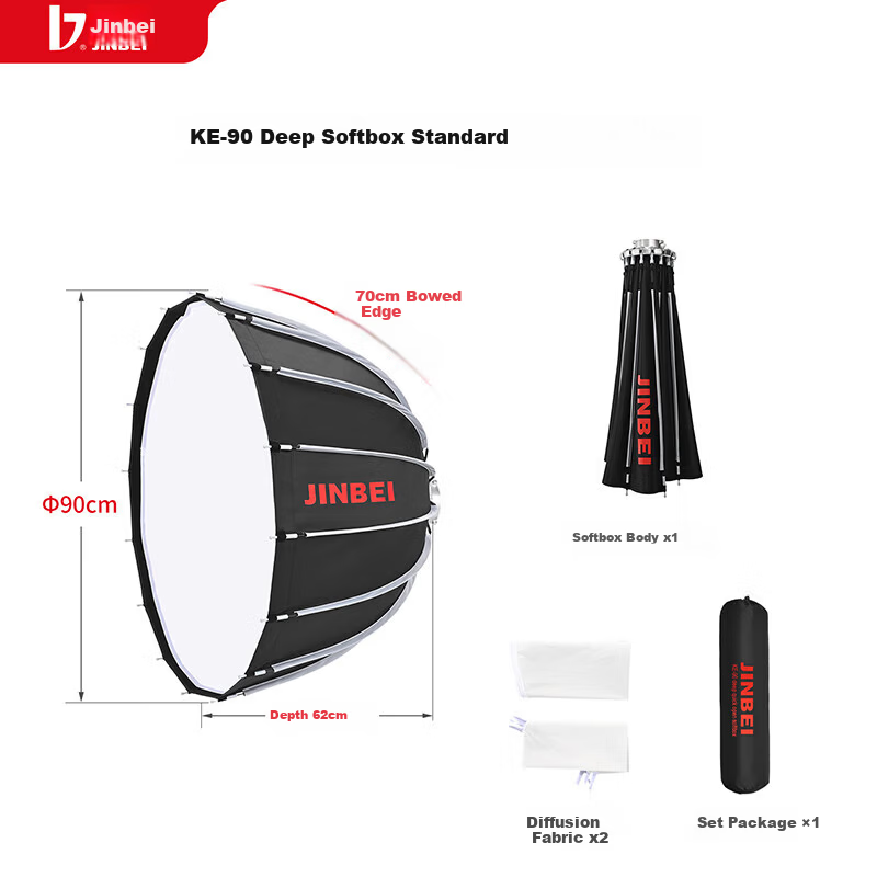 JINBEI KE90 Quick-Release Deep Softbox Foldable Portable No-Installation Grid Professional Bowens Mount KE-90cm Upgraded Deep Softbox