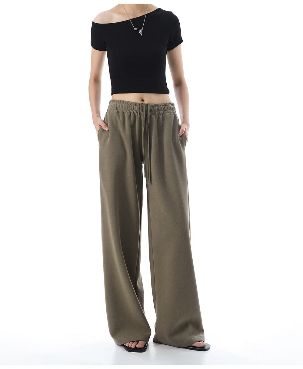 ICH MODE Solid Color Drawstring Women's Sports Pants New Loose Straight-Leg Draped Wide-Leg Casual Trousers Navy Blue S 30
