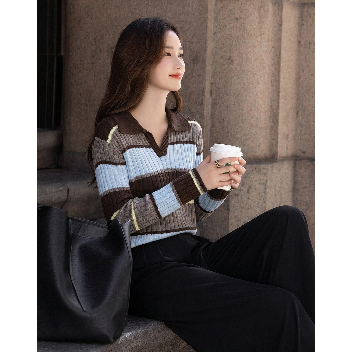 Demana Fluffy Wool Autumn Literary College Lapel Colorblock Striped Loose Slim Knit Sweater for Women Premium Feel