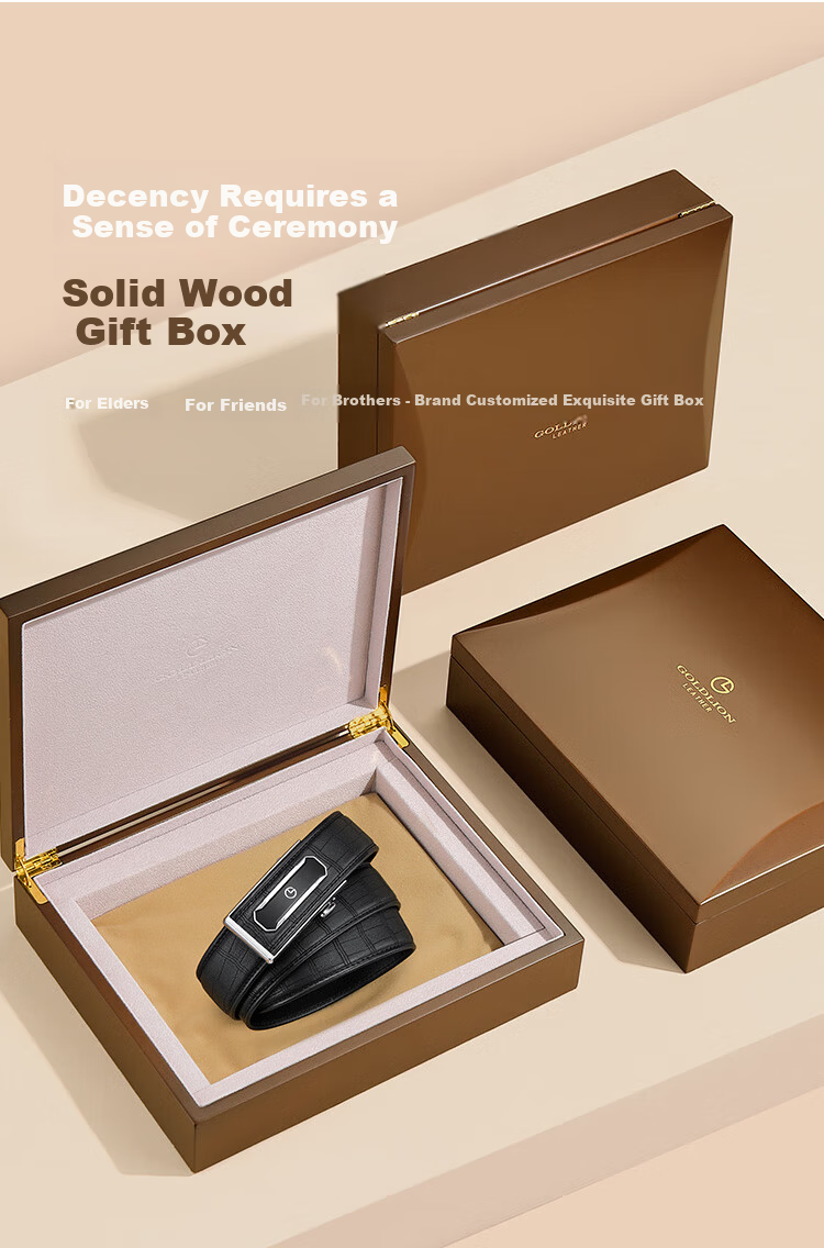 Goldlion Men's Deer Leather Automatic Buckle Belt with Inner Buckle and Outer Buckle, Wooden Gift Box, Birthday Gift 2