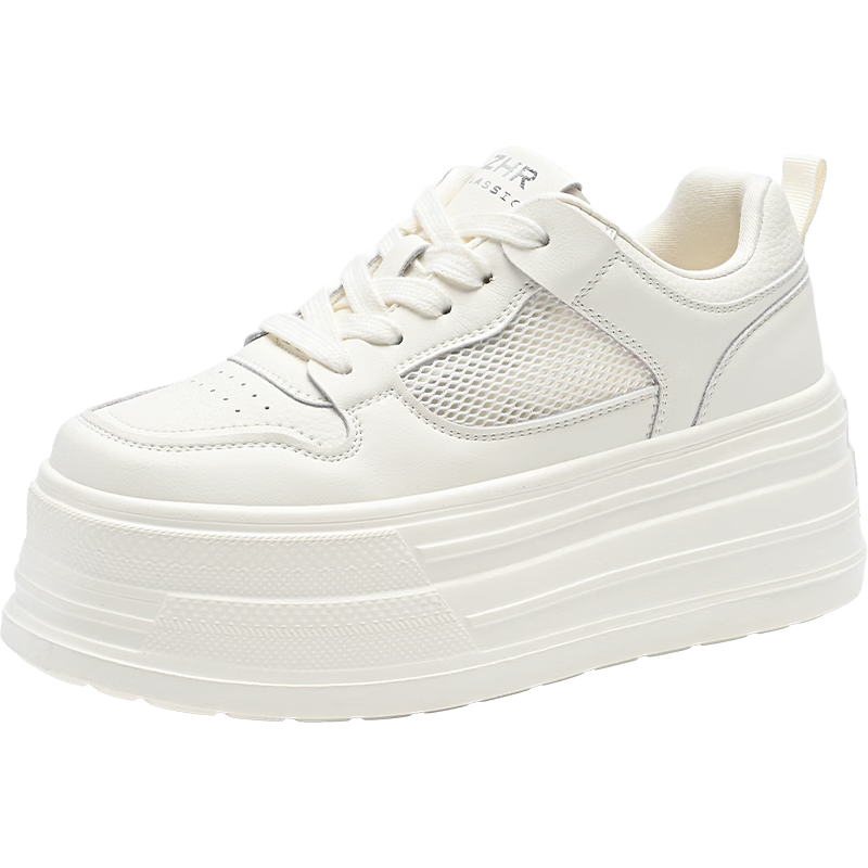 ZHR Women's White Sneakers 2026 New Breathable Mesh Thick Sole 7CM Height Increase Casual Shoes AL32E Off-White Size 36