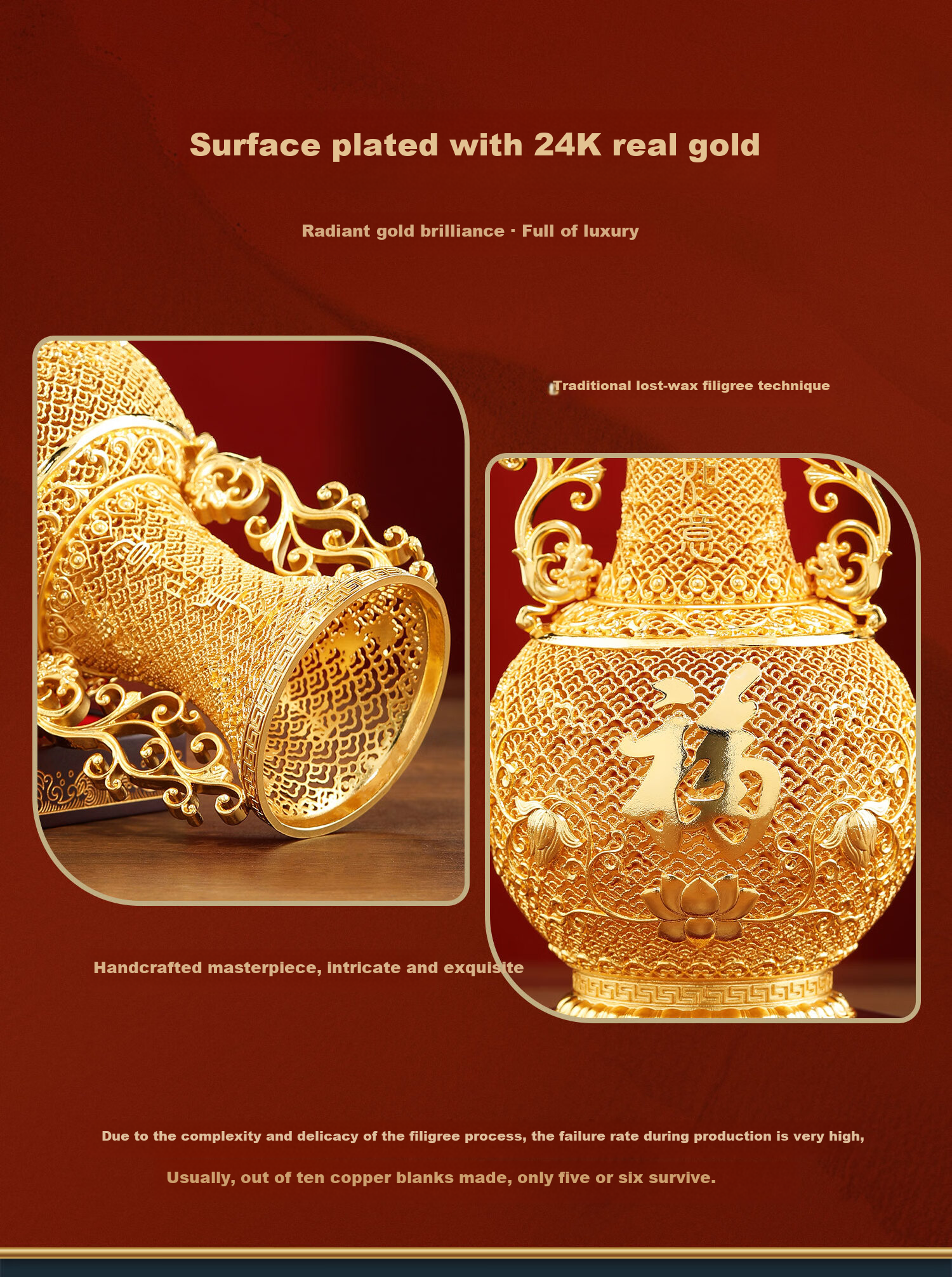 Daming Brass Craftsman Brass Filigree Vase Ornament Home Living Room Entrance Office High-End Decorative Art Gift for Housewarming and Opening Ceremony 3
