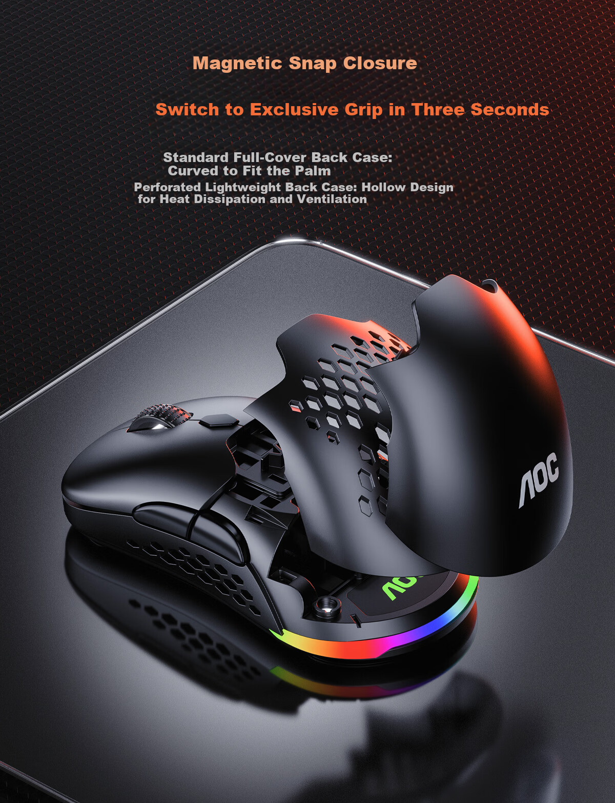 AOC GM530 Wireless Bluetooth Tri-Mode Laser Gaming Mouse RGB Backlit Replaceable Top Cover Left and Right Button Micro Switches White 5