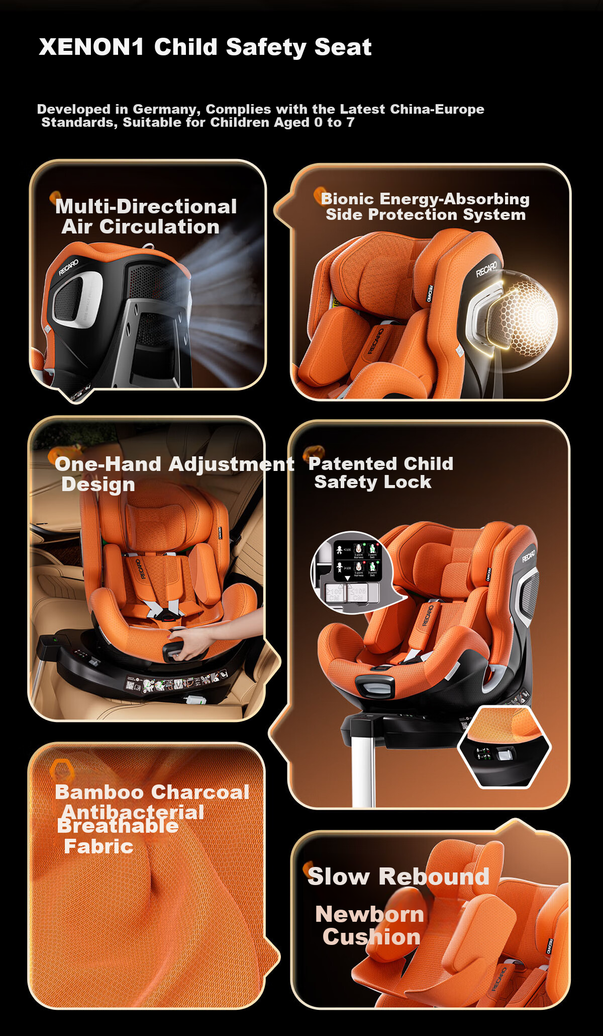 RECARO Child Safety Seat 0-4-7 Years Car Baby Chair i-Size Certified 360-Degree Rotation XENON1 Thunder 2