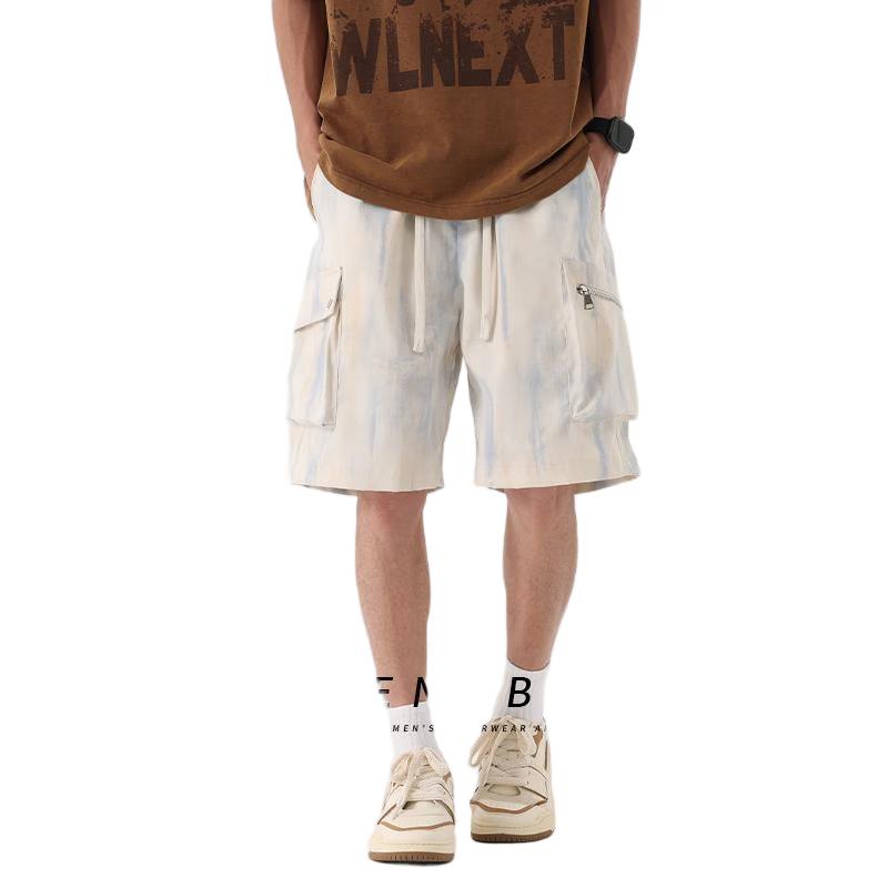 Dingfengbaoluo Men's Cargo Shorts, Summer American Trendy Cool Tie-Dye Wide-Leg Casual Five-Point Pants F2682 Off-White 4XL
