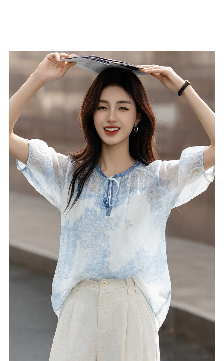 Demana [Elegant Lyocell] Summer National Style New Chinese Lace Printed Puff Sleeve Loose Slim Shirt for Women Premium 11