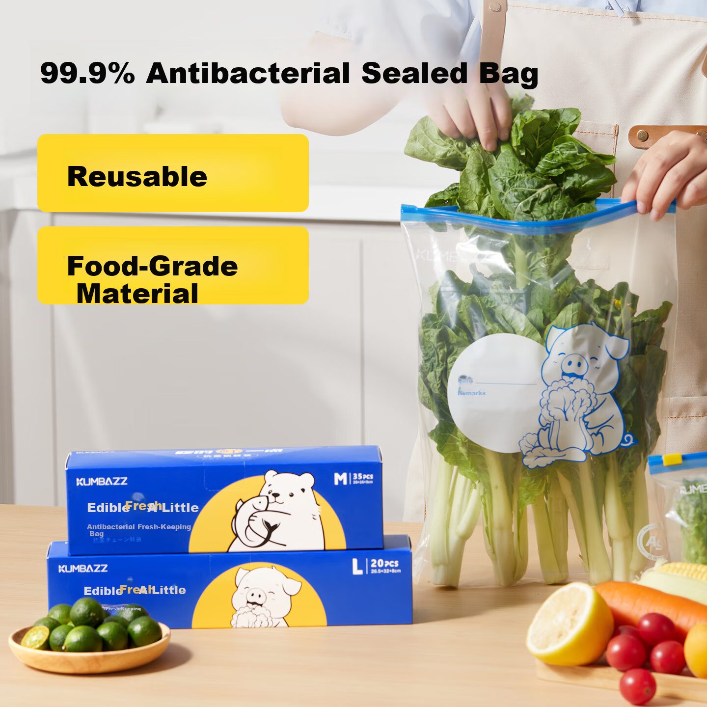 KUMBAZZ Fresh-Keeping Sealed Slider Antibacterial Food Storage Bags for Refrigerator, Medium Size, 35 Pieces