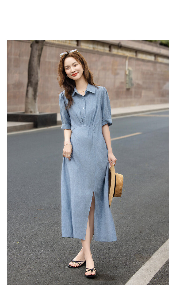 Demana [With Linen] Summer Urban Commuter Pleated Short Sleeve Turn-Down Collar Slim Straight Mid-Length Dress for Women Premium Feel 11