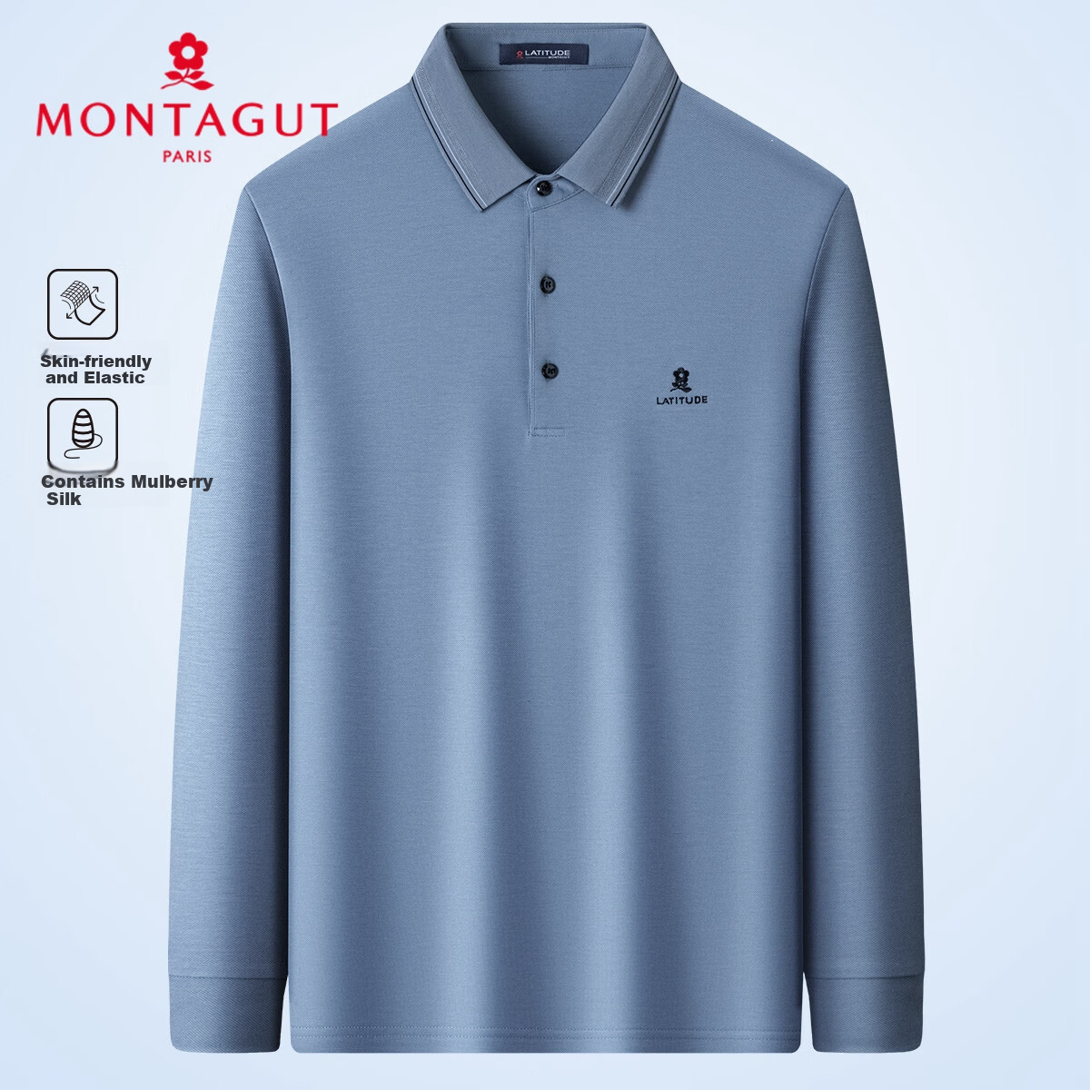 MONTAGUT Men's Long Sleeve Polo Shirt with Mulberry Silk Breathable Pique Cotton, Spring Autumn 2025 Business Embroidered T-Shirt, Light Blue, L