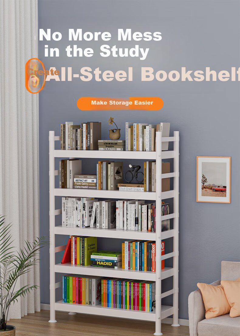 UOEN Bookshelf Kitchen Storage Rack Floor Multi-layer Steel Simple Bookcase Home Integrated Wall-mounted Student Iron Storage Rack 1