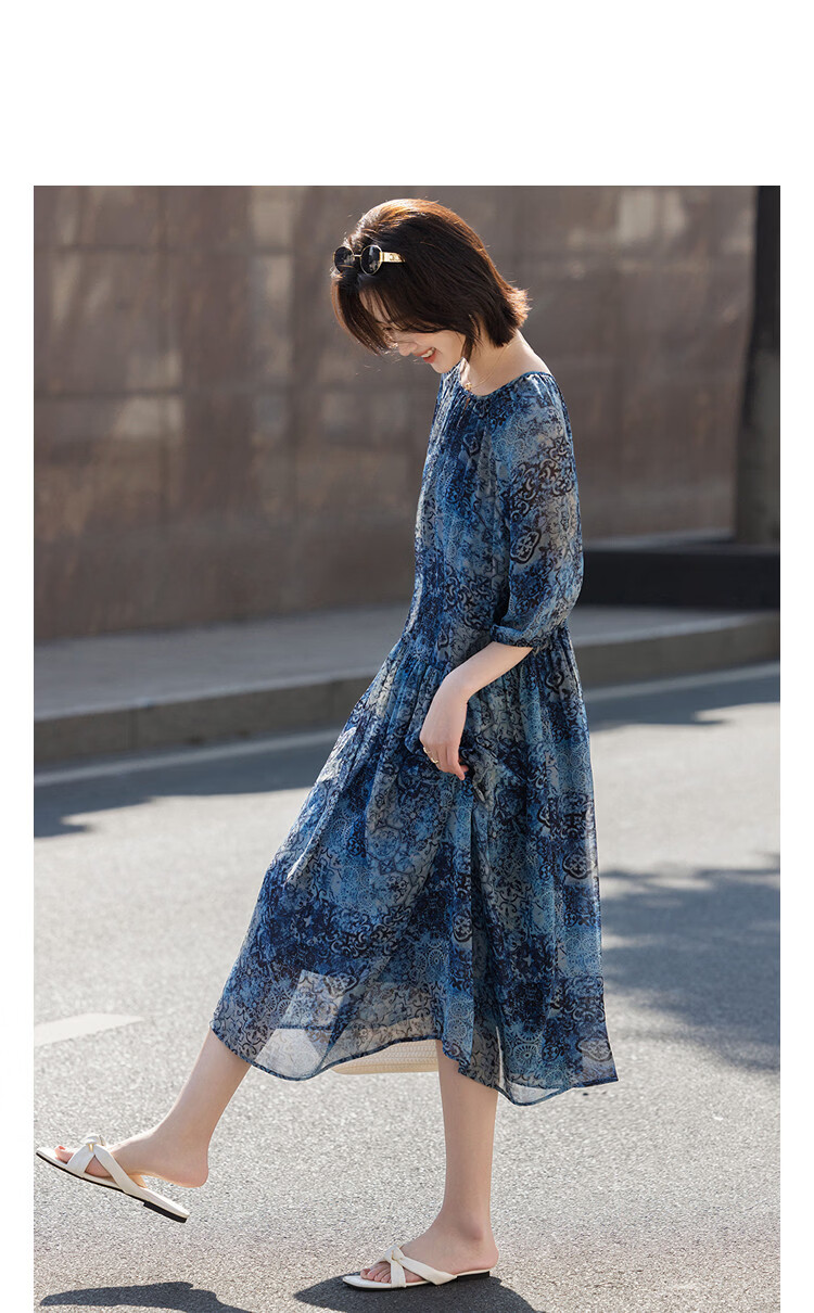 Demana Lightweight Holiday Summer Elegant Pleated Round Neck Polka Dot Loose Slimming Concealing Dress for Women Premium Quality 8