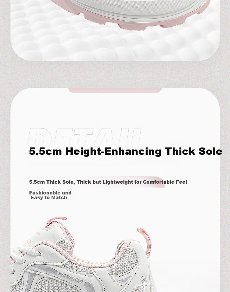Warrior Official Women's Sneakers 2026 Spring New Chunky Platform Shoes White Gray Pink Size 36 9