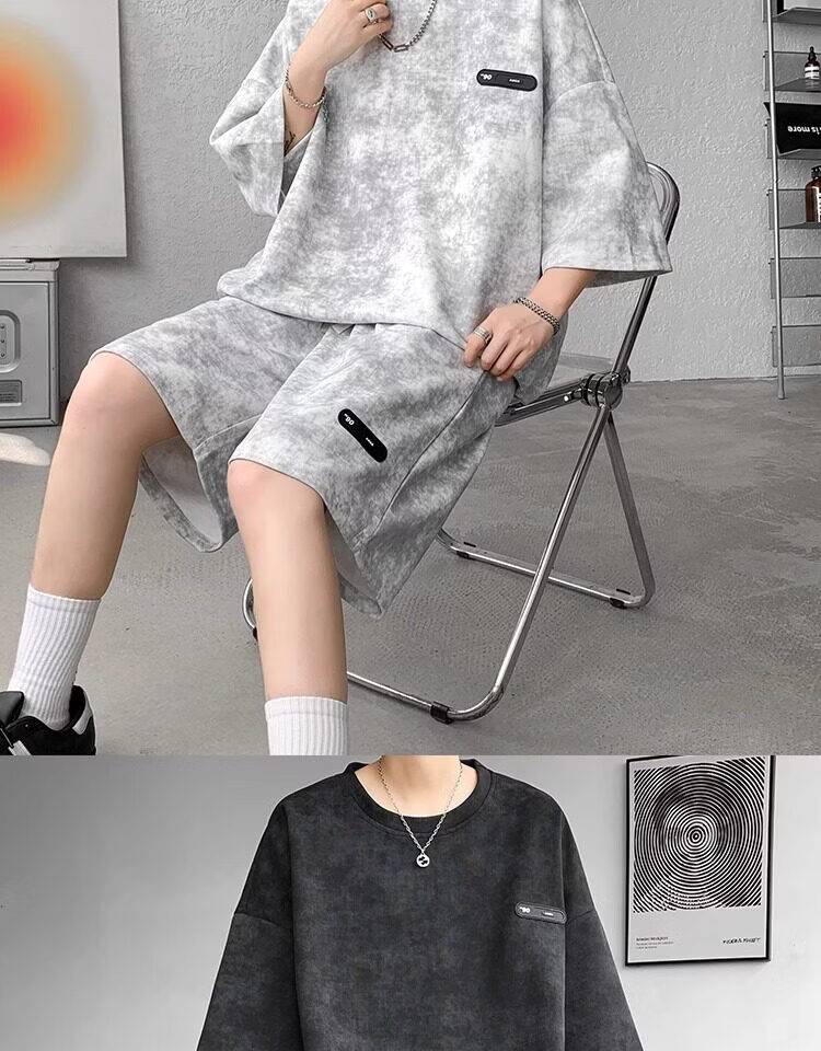 Wassup Sohot American High Street Short Sleeve T-Shirt Set Men Summer Tie-Dye Short Sleeve Shorts Sports Two-Piece Set Gray 5XL 8