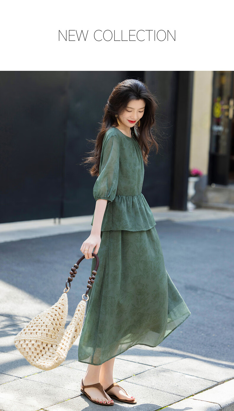 Demana [Bamboo Breeze] Summer Faux Two-Piece Ruffle Vintage Print Slimming Lightweight Flowing Women's Dress 1