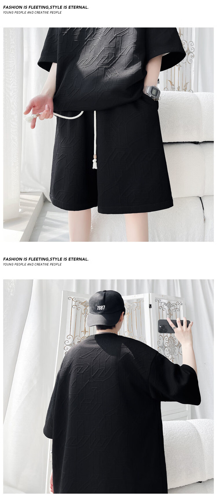 Wassup Sohot Ice Silk Short Sleeve T-Shirt Men's Set New Summer Large Size Loose Half Sleeve Shorts Two-Piece Set Apricot L 17