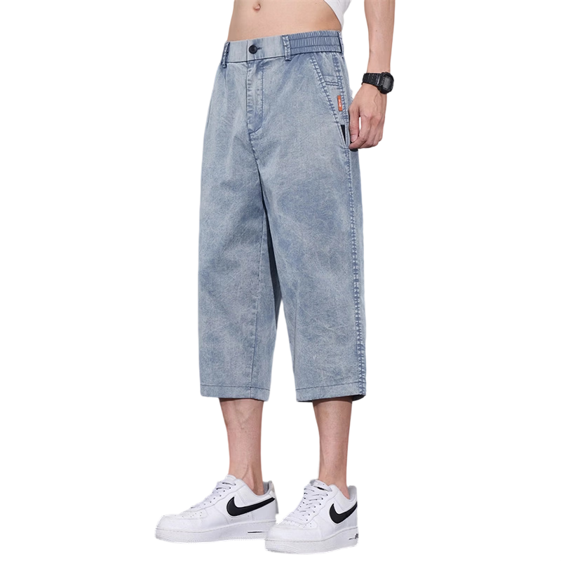 MARK FAIRWHALE Men's Denim Shorts Summer Straight Ice Silk Pants Casual Seven-Point Pants Blue 28