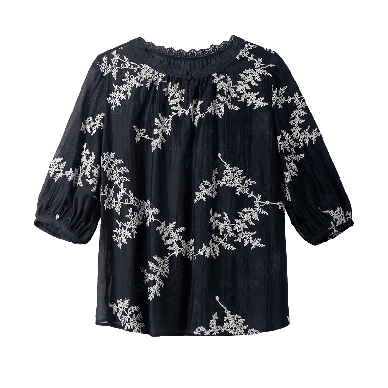 Demana [Refreshing Lyocell] Summer Lace Collar Embroidered Short Sleeve Loose Slim Fit Petite Shirt for Women Premium Quality