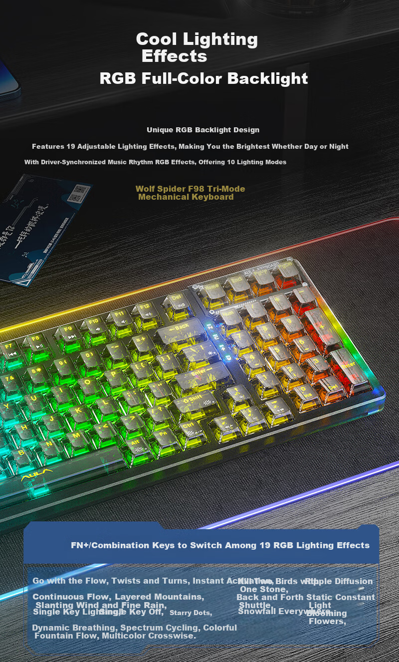 AULA F98ProV3 Custom Transparent Mechanical Keyboard 95-Key Hot-Swappable RGB Tri-Mode Wireless Wired Bluetooth Gasket Structure Gaming Pink Transparent Ice Spirit Switch 10