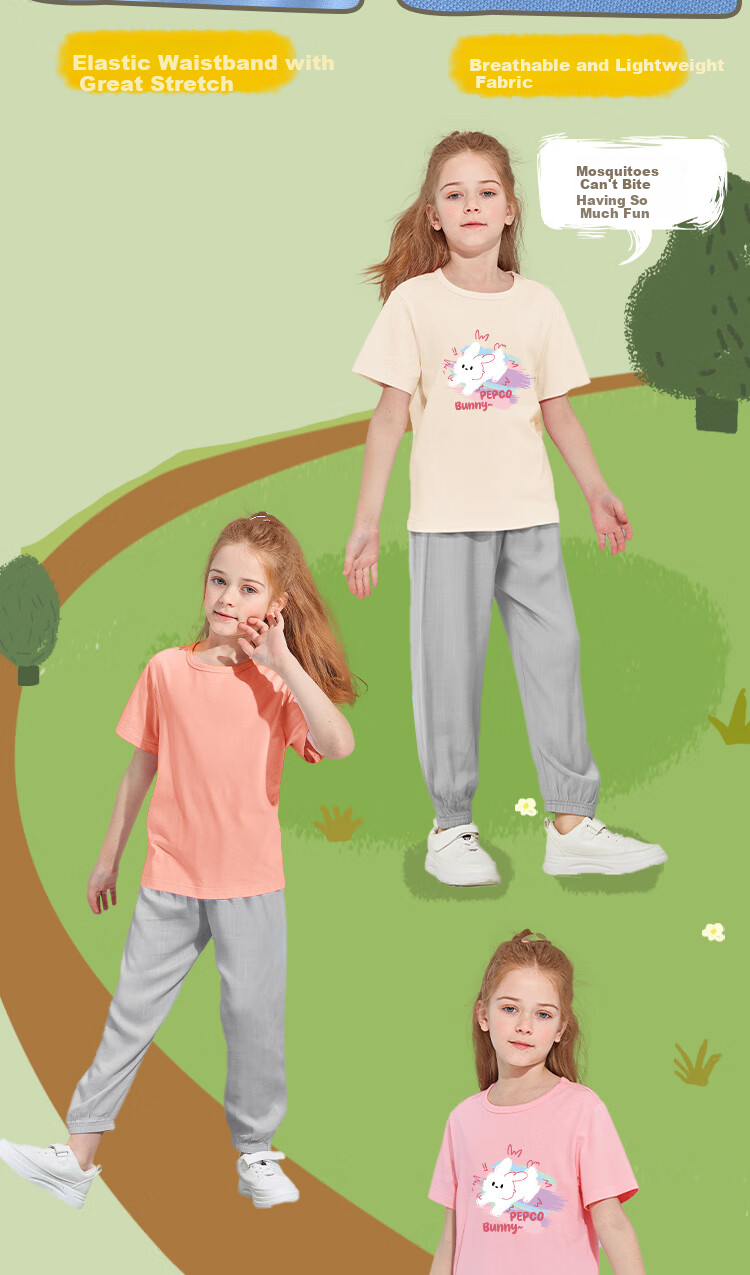 PEPCO Girls' Summer Set 2026 Cotton Stylish Round Neck Short Sleeve Top and Anti-Mosquito Pants Two-Piece Children's Summer Outfit 7