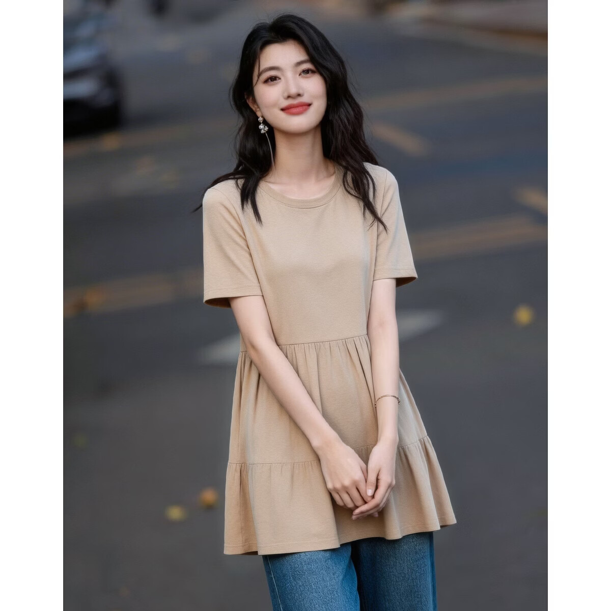 Demana Shiny Daily Summer Fashion Shiny Yarn Round Neck Ruffle Hem Loose Slimming Knit Sweater for Women High-End Feel