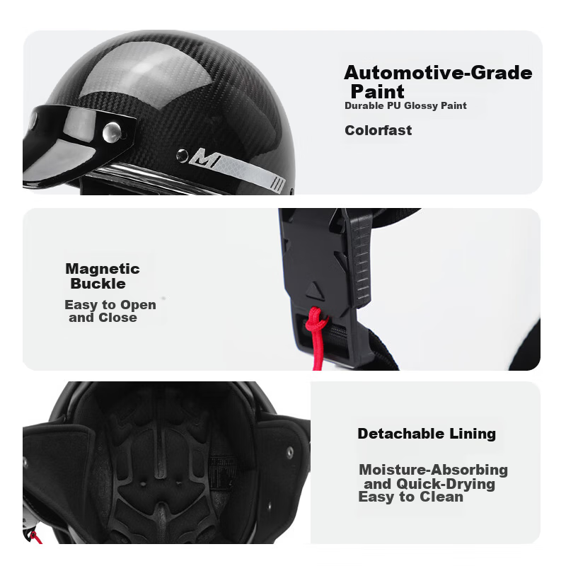 Mypick Carbon Fiber Retro Motorcycle Half Helmet 3C Certified Summer Lightweight Scooter Helmet High-End Safety Helmet Glossy Black XL (61-62)