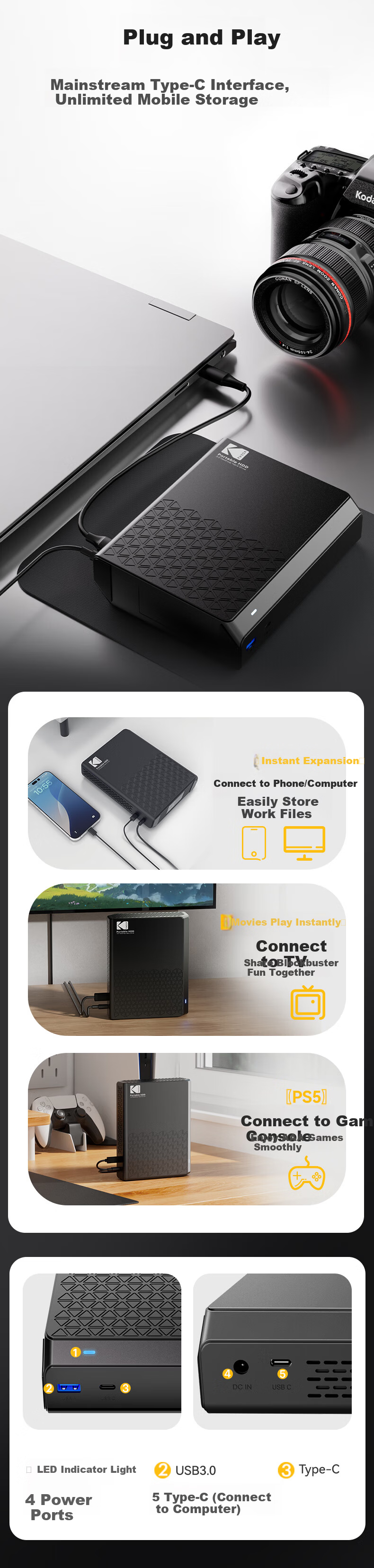 KODAK Kodak External Hard Drive 4TB 3.5-inch Type-C USB 3.2 Desktop Mechanical Hard Drive Large Capacity External Home Office Storage P210 4