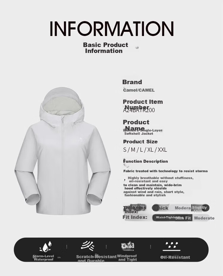 CAMEL Women's Single-Layer Windproof And Waterproof Outdoor Hardshell Jacket, Spring And Summer New Style Short Coat 10