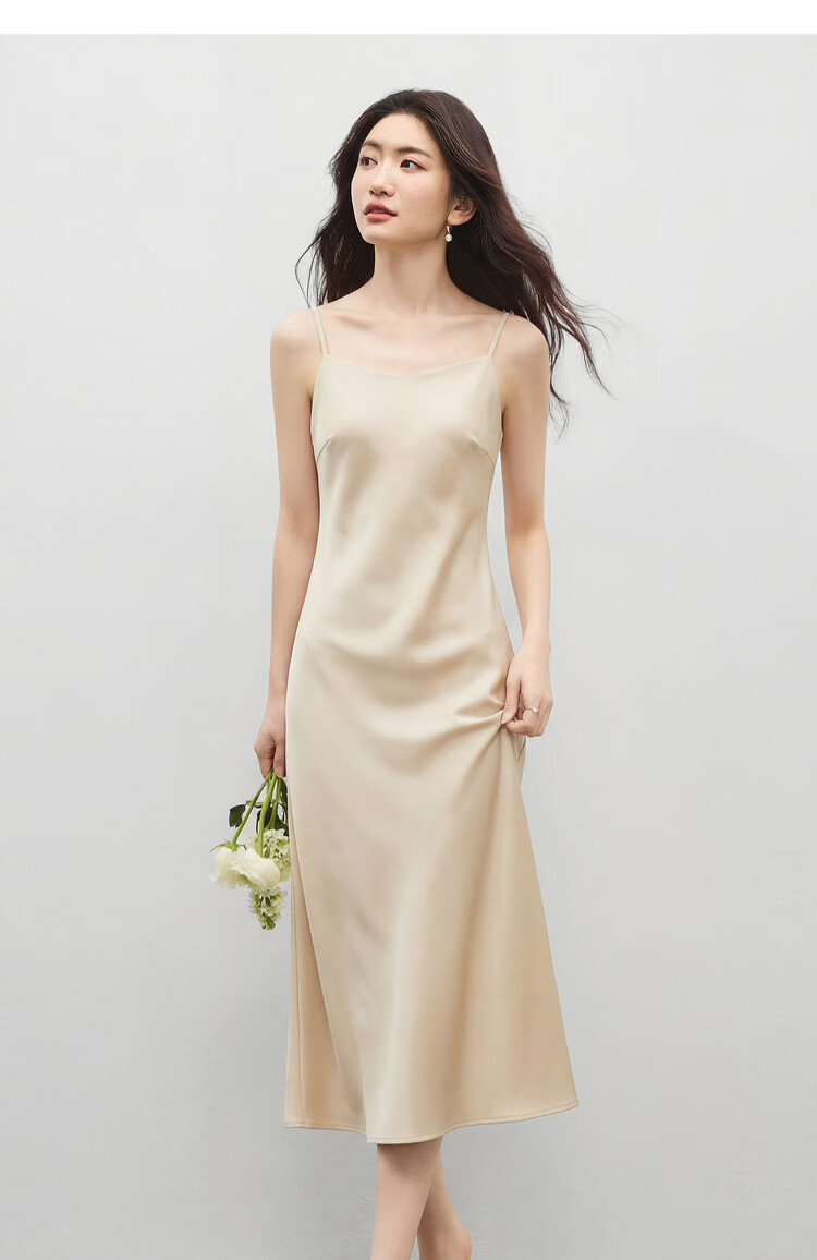 Sentubila Summer Elegant V-Neck Office Camisole Dress, High-End Glossy Sexy Pure Desire Style Mini Dress, Champagne Color, Size L 18