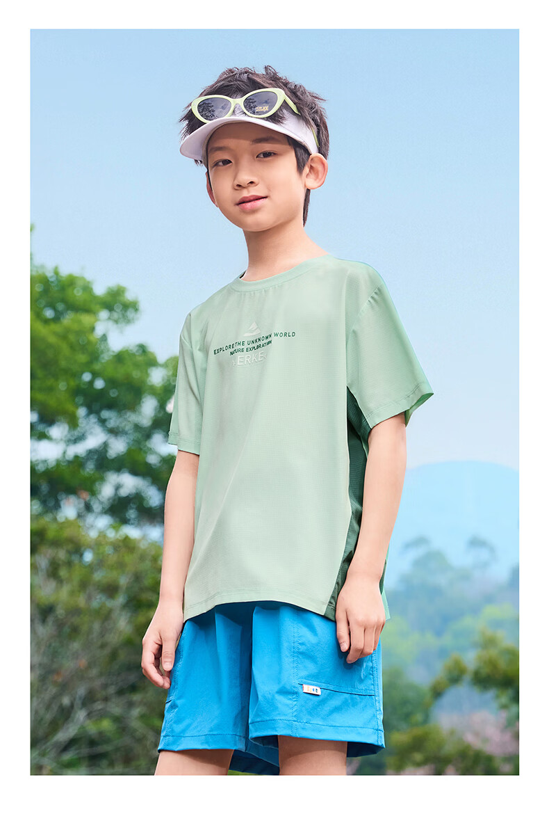 ERKE Kids Boys Woven Short Sleeve Summer Sun Protection 50+ Four-Way Stretch T-Shirt Glacier Gray 140 11