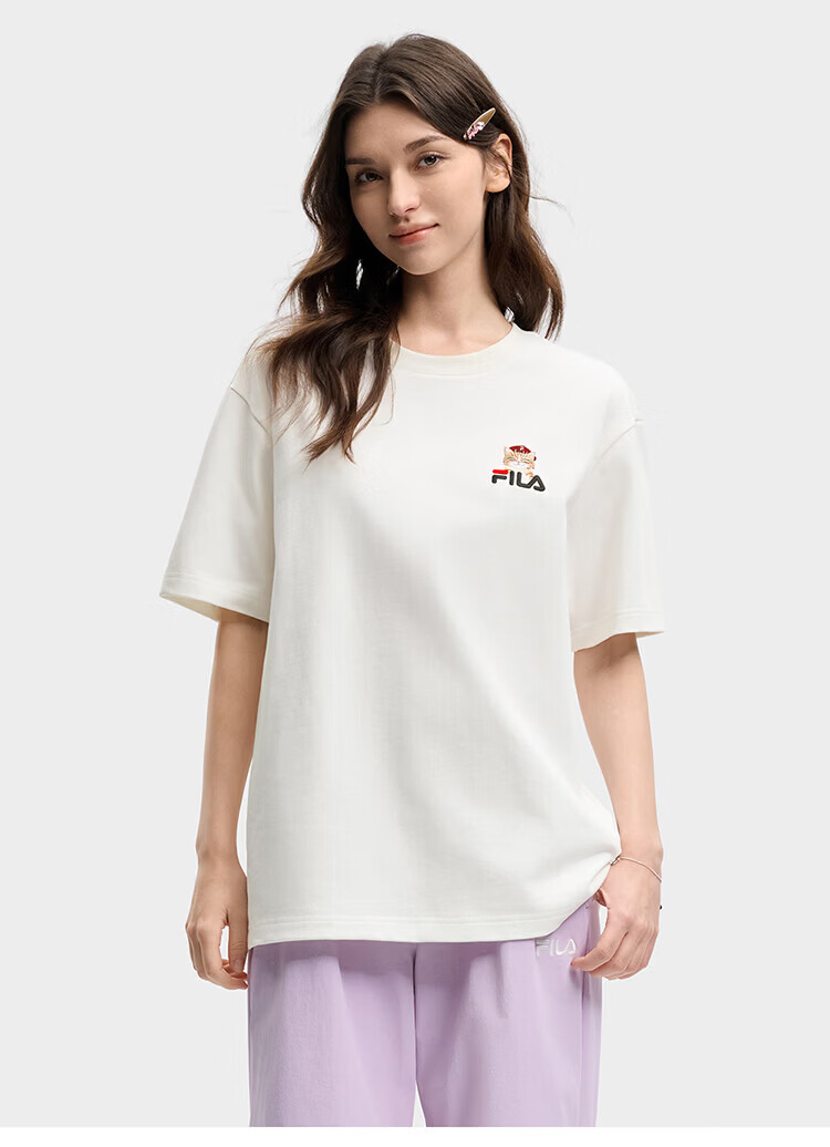 FILA Official 2026 Summer Couple Short Sleeve T-Shirt Casual Loose Fit Cotton Cat Knit Tee 88