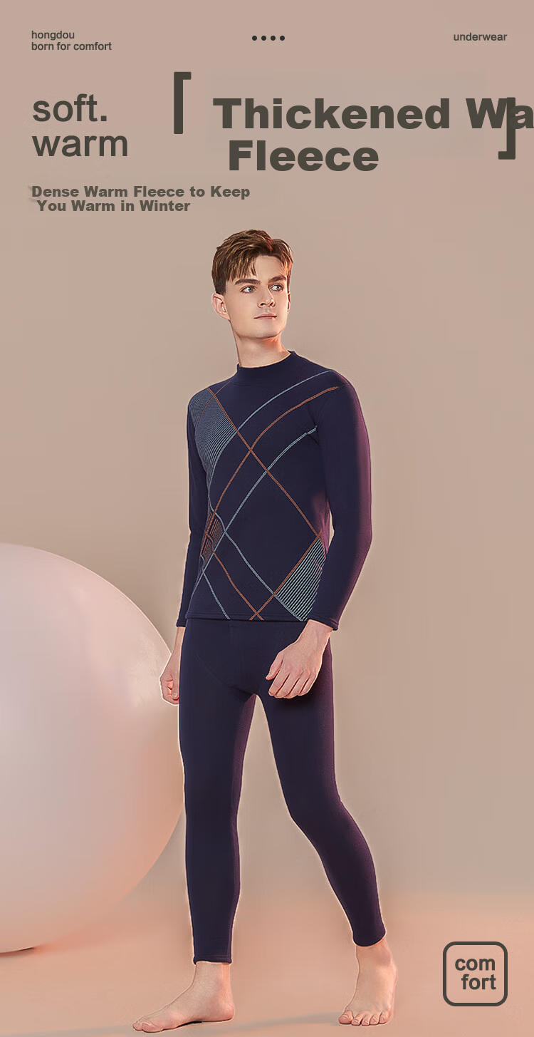 Hodo Home Jacquard Fleece-Lined Thermal Underwear Men Winter Half Turtleneck Thickened Wearable Dad Style 1
