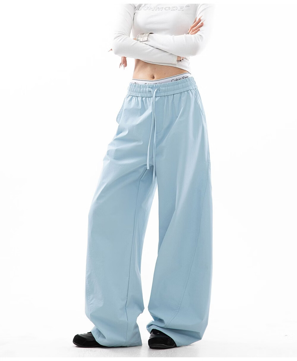 ICH MODE Women's American Style Straight White Pants Summer Loose Popular Cargo Pants Sports Pants Wide Leg Casual Pants Black S 16