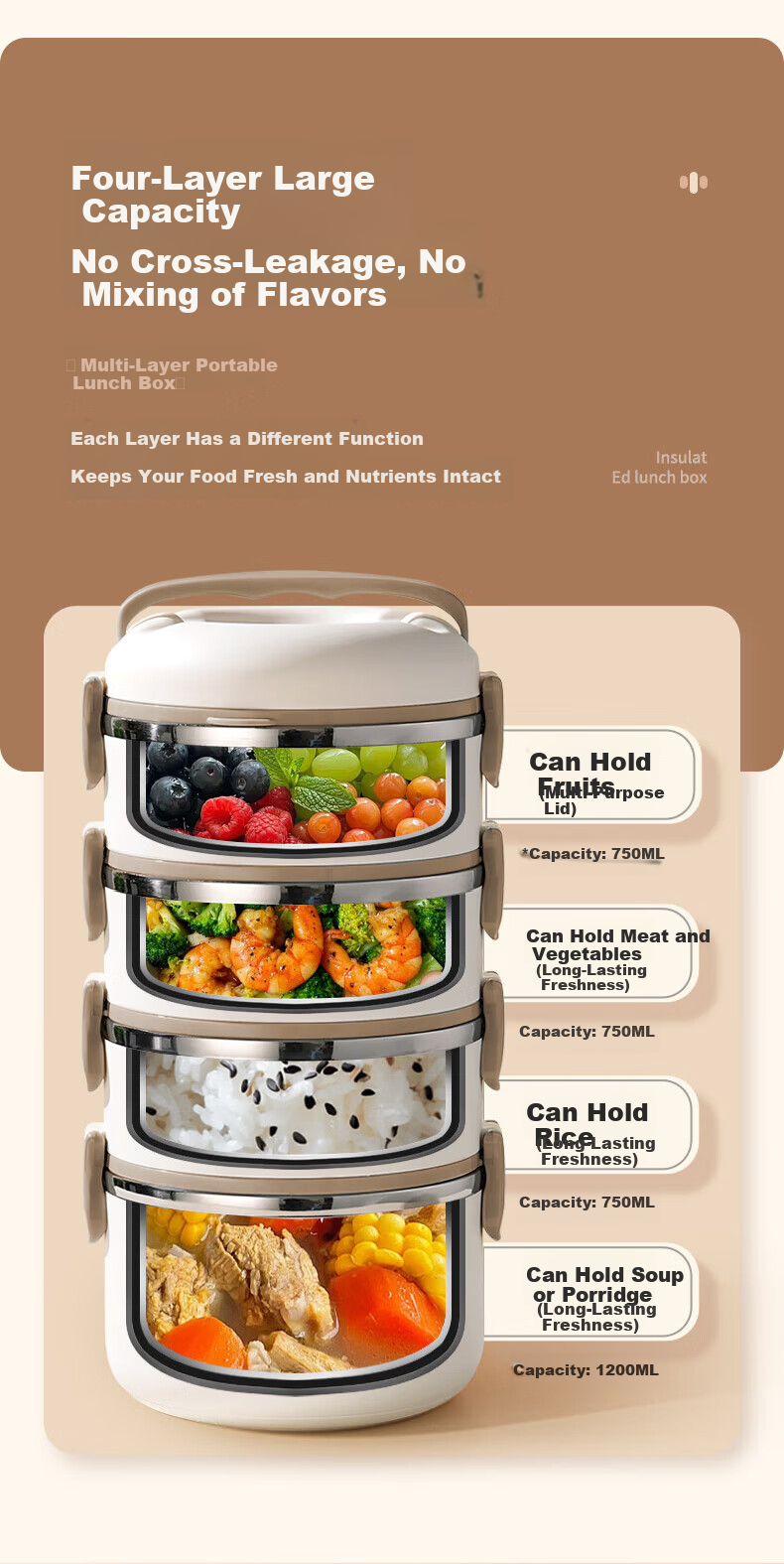 LINGCHEN Insulated Lunch Box Microwaveable Thermal Container Three-Layer Large Capacity 2-4 Hours Extended Multi-Layer Food Storage Box 4