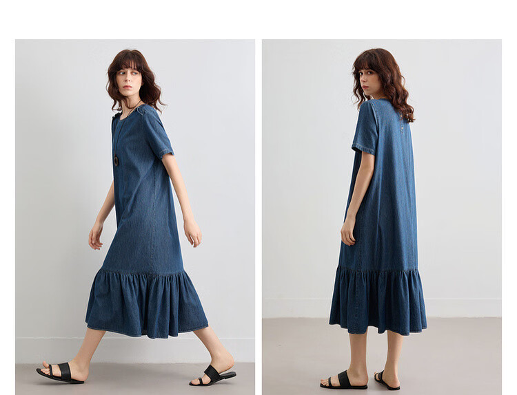 Demana Natural Cloud Oxygen Cotton Summer Vintage Casual Washed Round Neck Ruffle A-Line Slimming Women's Denim Dress 11