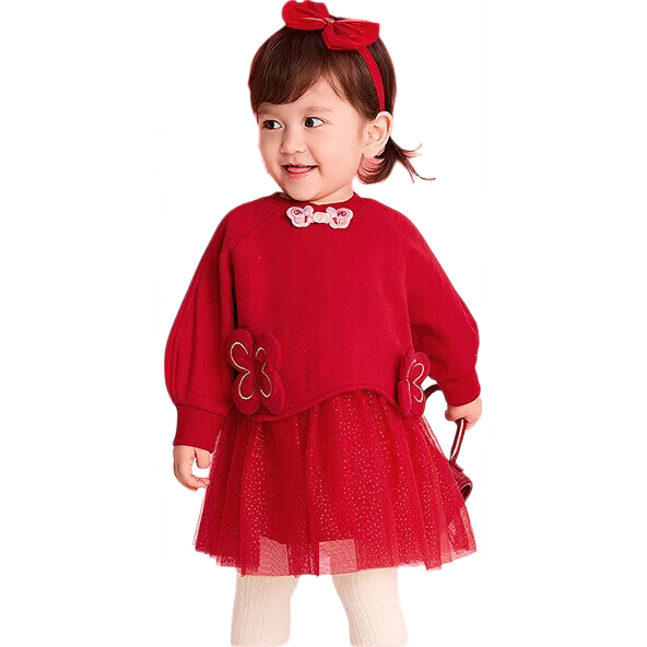 BALABALA 【balaOne】 Girls' New Chinese Style Mesh Splice Red New Year Festival Dress