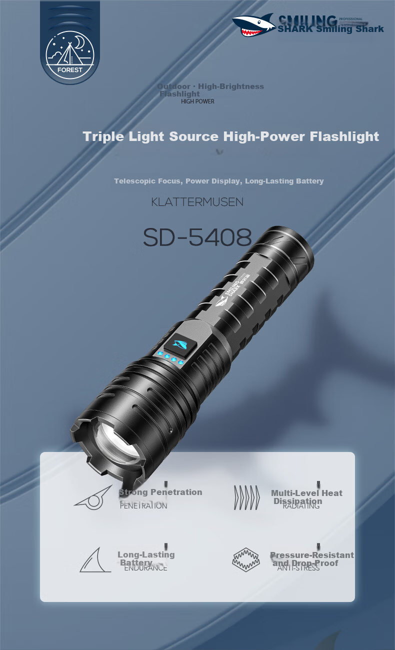 Smile Shark 5408 Flashlight High Brightness Outdoor Long-Range Rechargeable Long Battery Life White Yellow Blue Light Multifunctional for Home and Outdoor Use 1
