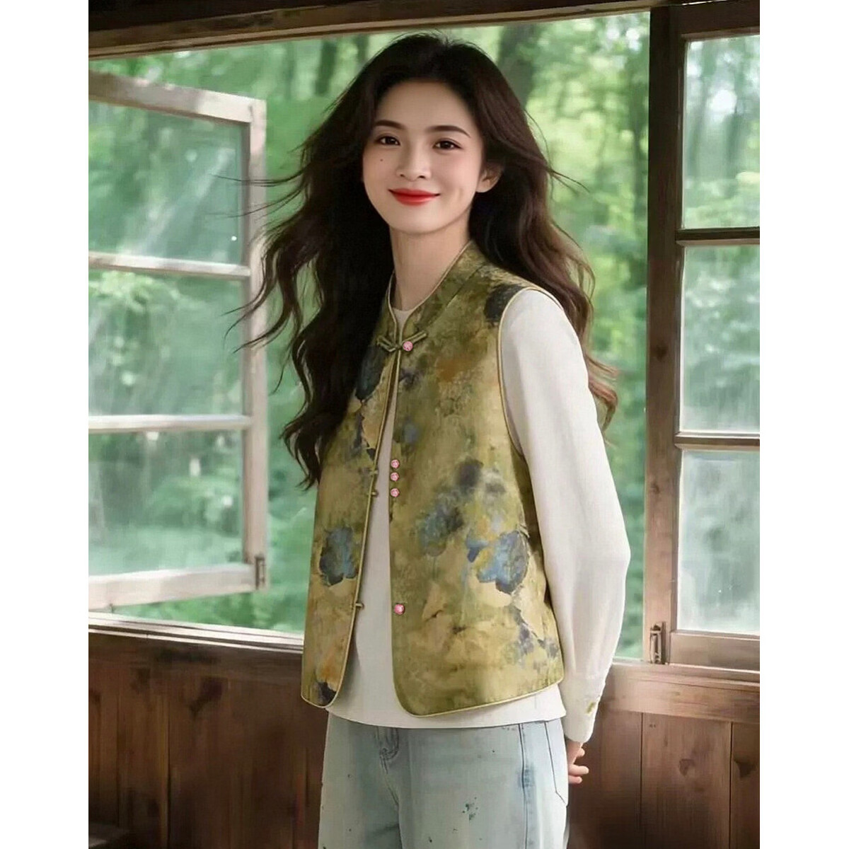 Demana [Sulaicha Color] Spring National Style New Chinese Gradient Print Stand Collar Frog Button Sleeveless Vest Jacket Women Short