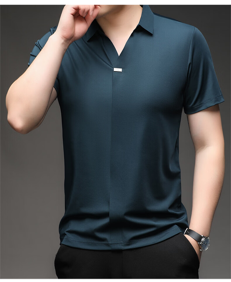Pierre Cardin Men's Short Sleeve T-Shirt Ice Silk Seamless Slim Fit High-End Business Polo Shirt Blue M Summer 2026 New 18