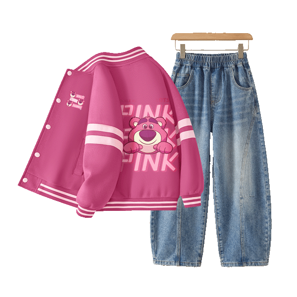 Disney Kids Autumn Outfit 2026 New Girls American Baseball Jacket Trendy Boys Denim Jacket and Jeans