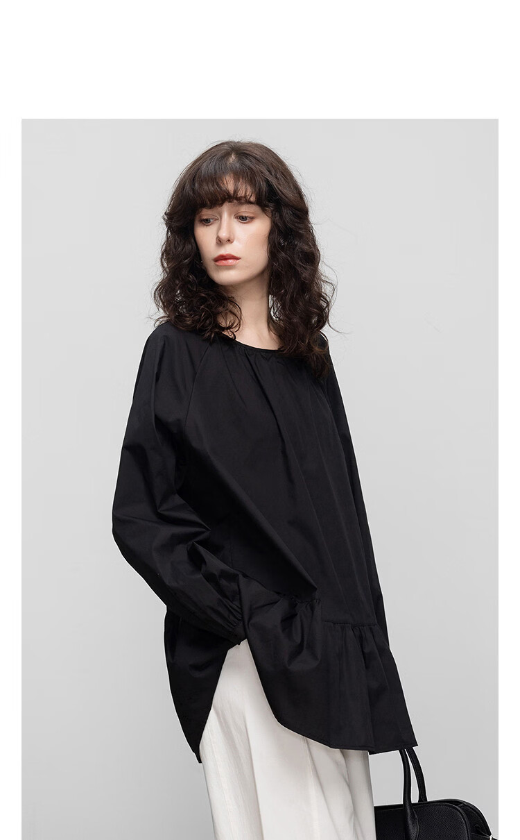 Demana [Pure Cotton Poplin] Spring Elegant Round Neck Mid-Length Doll Shirt Loose Small Size Blouse for Women 14