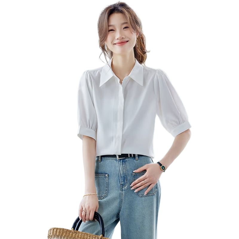Jeanswest Women's Shirt 2026 Summer Short Sleeve Casual Elegant Versatile Fashion Solid Color Top Blue S