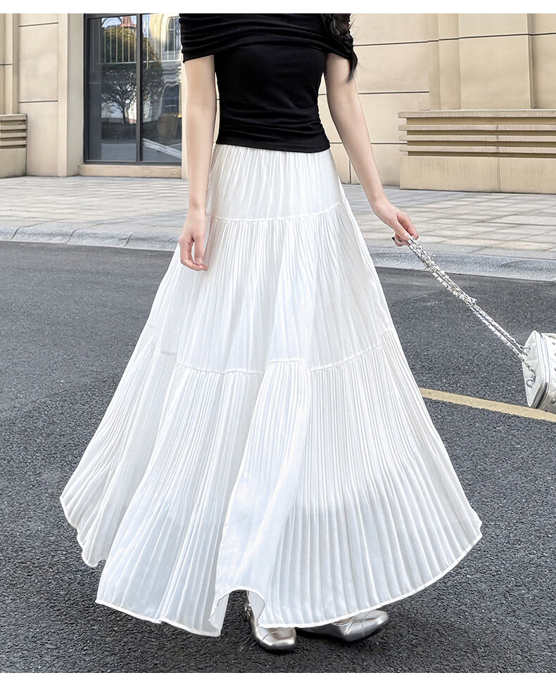 Langsha Pleated Mesh Midi Skirt for Women Spring Summer Draped Chiffon Cake Skirt High Waist Slim A-Line Flared Skirt 21