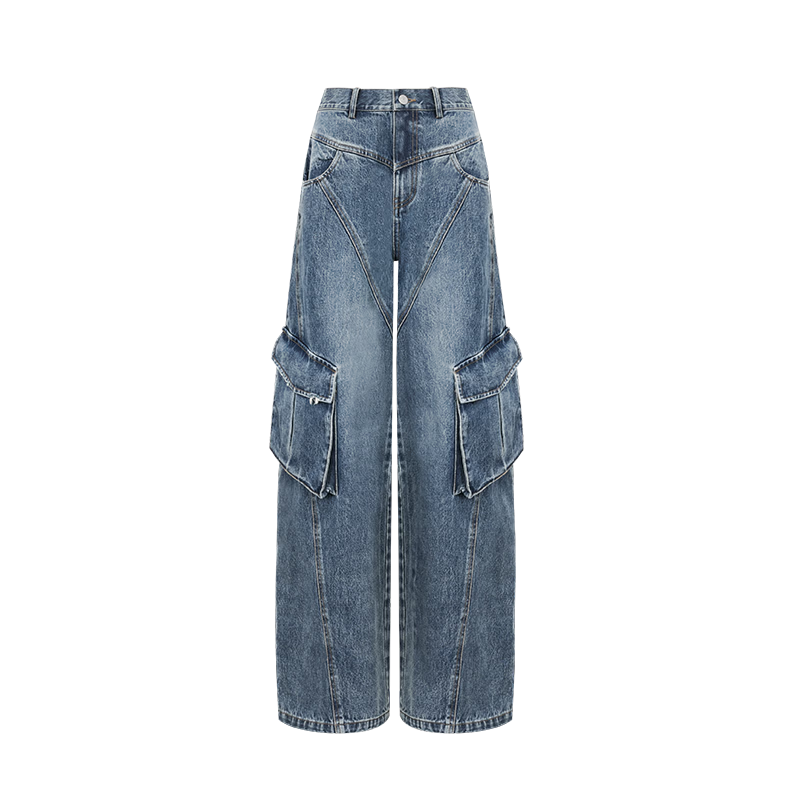 ANN ANDELMAN Star Style Four-Season Washed Vintage Diagonal Panel Workwear Jeans Dark Blue 25