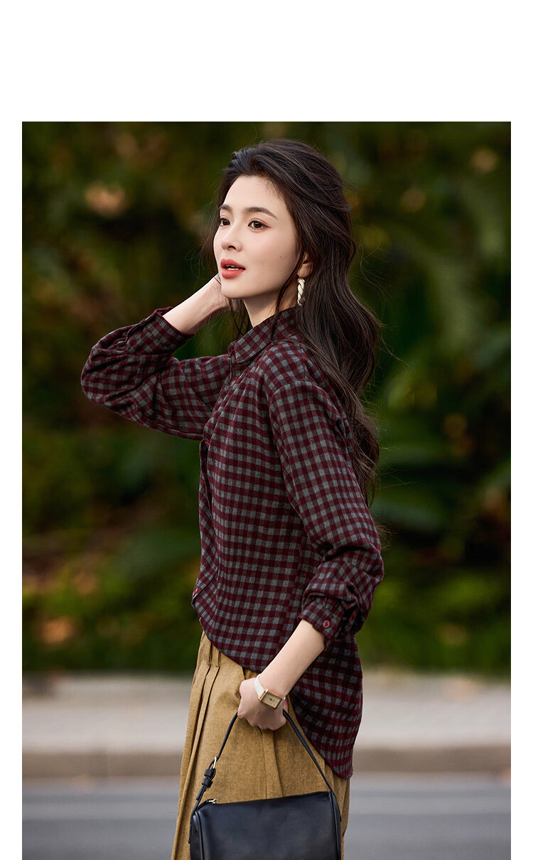 Demana Vintage Style Spring 3D Collar Plaid Loose Slimming Concealing Petite Shirt for Women High-End Feel 11