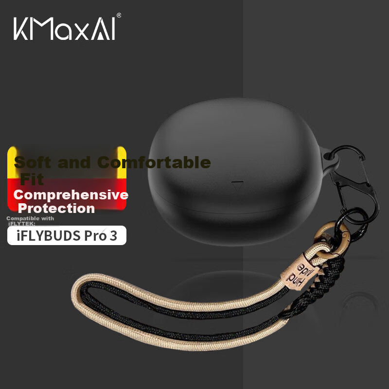 KMaxAI Silicone Protective Case for iFLYBUDS Pro 3 by iFLYTEK with Hook, Solid Color Matte Finish, Wireless Charging Earbud Strap, Minimalist Black