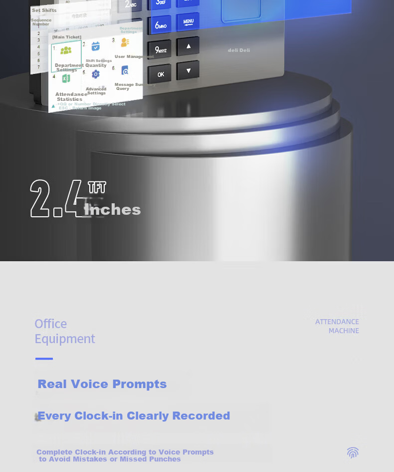 Deli AH100 Fingerprint Attendance Machine 1200 Prints 36 Departments Large Capacity Sensitive Optical Fingerprint Recognition TFT Color LCD 8