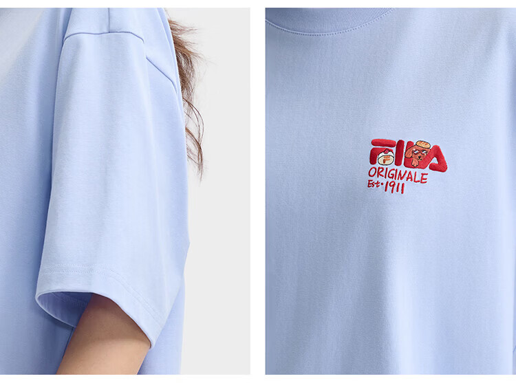 FILA Official Couple's Knitted Short Sleeve Shirt 2026 Summer Fashion Casual Unisex Loose Cat Embroidery T-Shirt 58