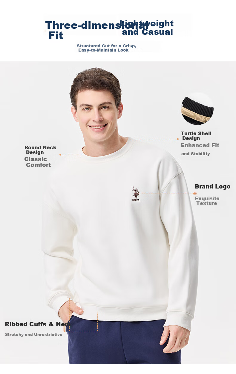 U.S. POLO ASSN. Men's Fleece-Lined Heavyweight Long Sleeve Sweatshirt Casual Loose Fit White XL 3