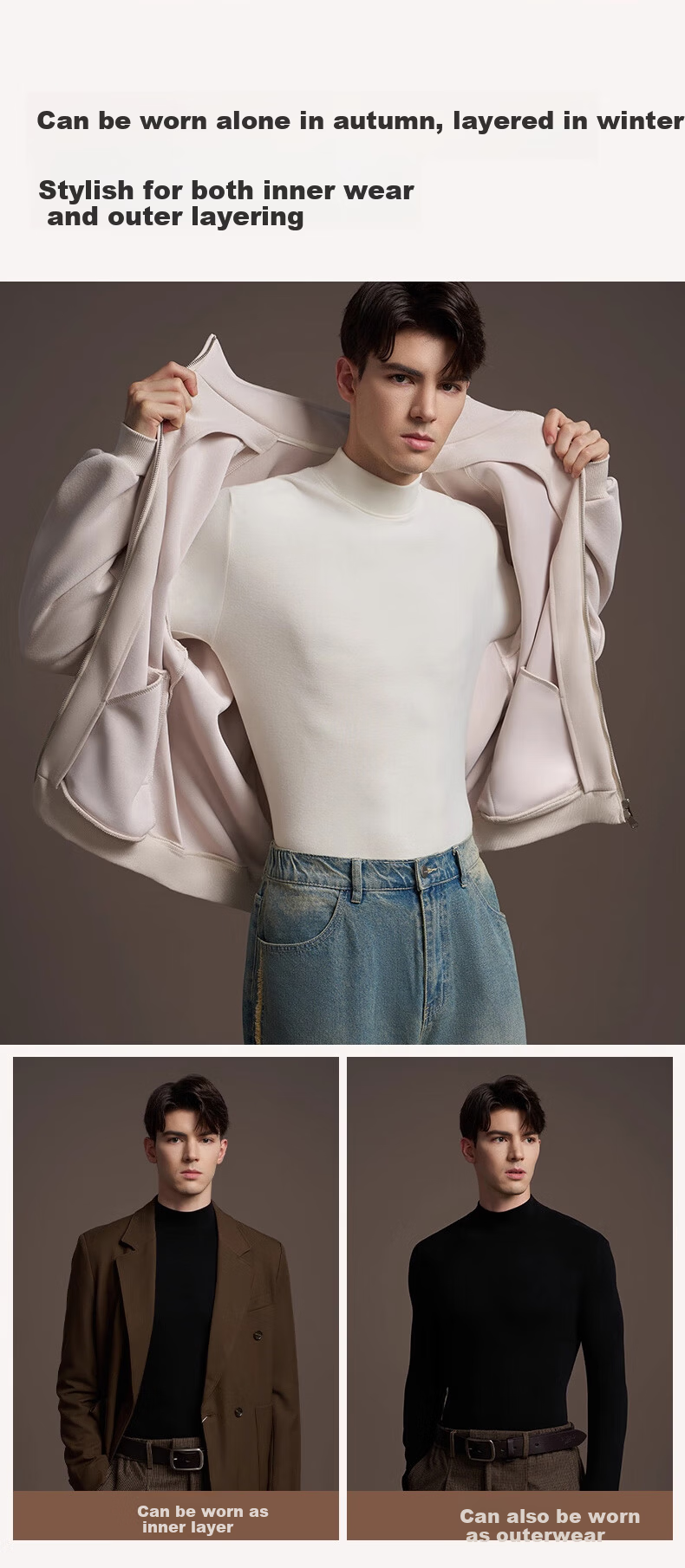 Borui Men's Autumn Thermal Shirt Single Piece Antibacterial Warm Innerwear Mid-Neck Base Layer Camellia Oil Moisturizing Half Turtleneck 17