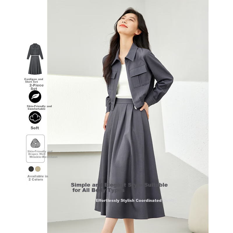 Vimly Women's Stylish Two-Piece Dress Set Spring New Elegant High-Quality Top Gray M